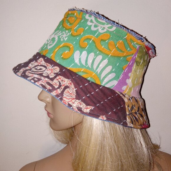 Kantha & Denim Bucket Hat Reversible Green Marigold Red Black Handmade BHAT8. - Picture 2 of 8